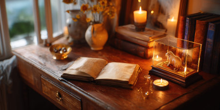 Old wooden desk, open storybook, candle light, cozy home, vintage bookの素材