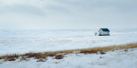 Snowy plain winter landscape lonely house open field overcast sky peaceful winter landscape withの素材