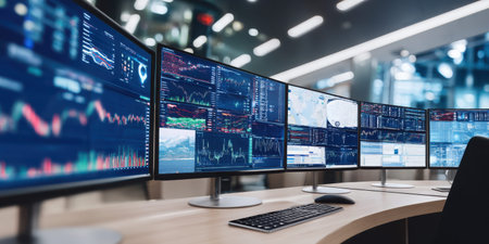 Futuristic trading workspace wide shot eye level modern technology investment dataの素材