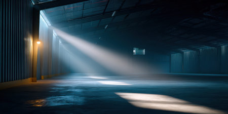Warehouse light beam empty space industrial blue mysterious warehouse light beam empty spaceの素材