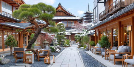 Japanese courtyard traditional house stone pathway outdoor lounge winter garden serene peacefulの素材