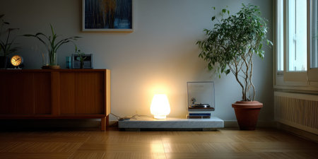 Minimal living room lamp glow modern interior wooden cabinet potted plant cozy light moodの素材