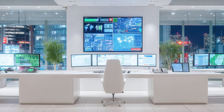 Control room monitoring white modern technology computer workstation screen office cityの素材