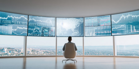 Stock market trading financial data world map city skyline calm focus trader modern control roomの素材