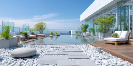 Rooftop garden pool, modern terrace, white stone, blue sky calm viewの素材