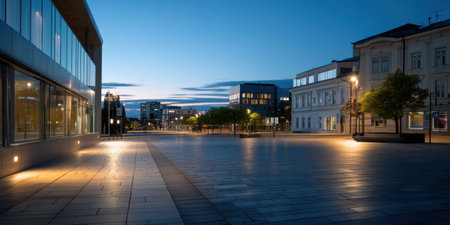 Quiet city square dawn ambient light wide shot urban plazaの素材