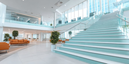 Modern staircase interior wide shot office lobby bright modern staircase interior wide shotの素材
