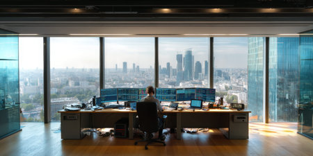 Wide shot eye level panoramic trading desk city skyline modern glass office with financialの素材
