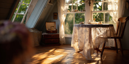 Cozy attic room soft golden light lace tablecloth vintage charmの素材