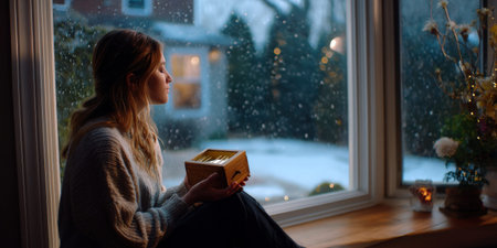 Young woman winter window candle quiet reflection nostalgia snow young woman winter sweaterの素材