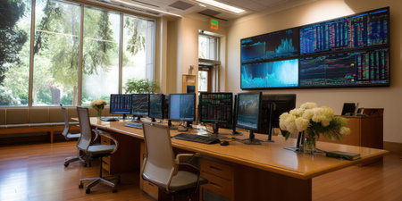 Trading room monitor financial data modern office calm atmosphereの素材