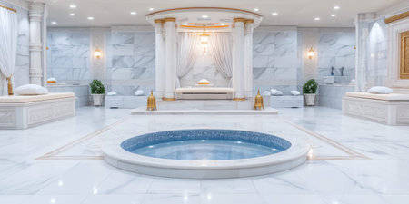 Luxury spa interior marble pool white column round pool relaxation wellness sanctuaryの素材