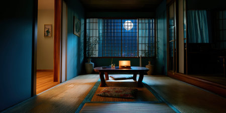 Japanese room interior tatami low table moonlight night serene mood in traditional houseの素材