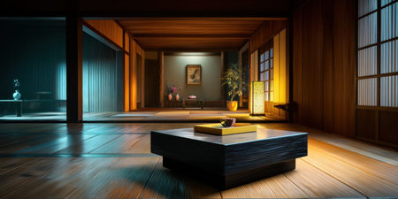 Japanese interior tatami low table tea lantern calm minimalist wooden room with soft lightの素材
