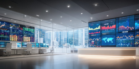 Modern trading floor, glass office, stock market, financial data, city view, technologyの素材