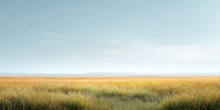 Grass field landscape endless horizon under pale blue sky serene viewの素材