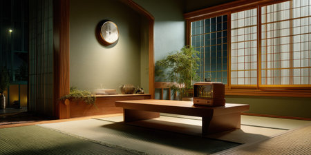 Tatami room wooden table night interior calm minimal designの素材
