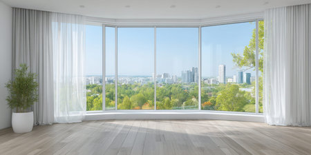 Large window city skyline green park modern interior bright sunlight panoramic city skyline viewの素材