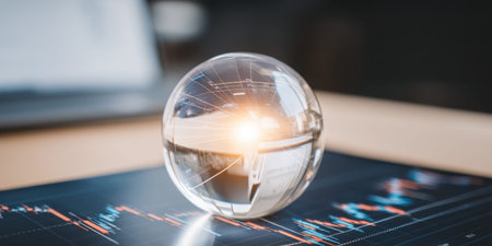 Futuristic glass sphere light refraction lens flare on finance chartの素材
