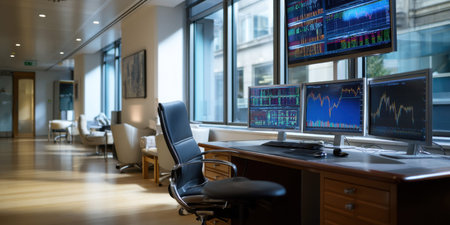 Trading room monitor screen data chart modern office calm moodの素材