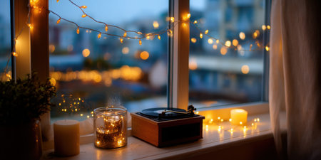 Cozy window lights warm night home ambiance record playerの素材