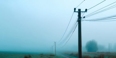Power line utility pole fog field landscape moody morning power line over foggy rural fieldの素材