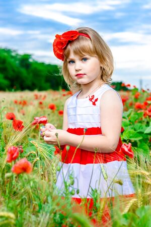 girl in poppy field with a wreath on her headの写真素材