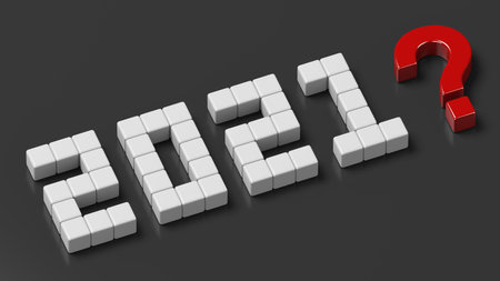 Text made from red and white chamfer cubes on a dark gray background. What's next for the next year? Text: 2021? Realistic 3D render.の写真素材