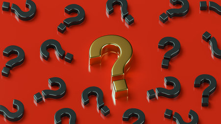 A lot of black question marks with a golden main question in the center against on a juicy red background. Realistic 3D render.の写真素材