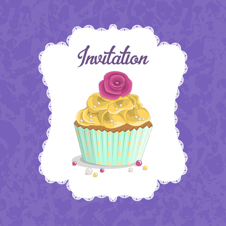 Sweet food dessert delicious cupcake poster on grunge squared background illustration. Invitation for a birthday, wedding, Valentine's Day, partyのイラスト素材