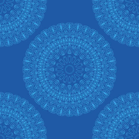 Vector ethnic boho pattern, mandala on a blue background. The circular blue oriental seamless patternのイラスト素材
