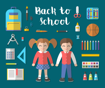Back to school flat contour design modern vector illustration with education icon set. School isolated supplies: book, album, pencil, paint, pen, brush, ruler, scissors, etc.のイラスト素材