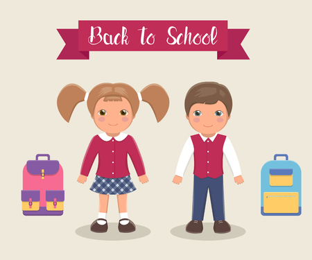 Smiling children are students in school uniforms with briefcases, illustration. Drawn boy and a girl in school uniform crimson, white and blueのイラスト素材