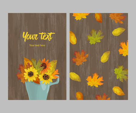 Double-sided postcard bouquet of autumn leaves and flowers yellow, orange, brown in cup on wooden background, template, illustrationのイラスト素材