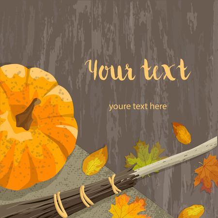 Postcard ripe pumpkin, autumn leaves, broom and canvas on a wooden surface, for Halloween, harvest festival or party banner vector illustrationのイラスト素材