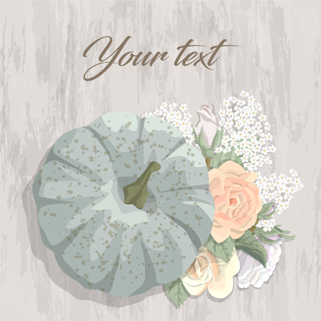 Vintage postcard pumpkin, delicate roses, small flowers and leaves in pastel colors on wooden surface, for Halloween, harvest festival or party banner vector illustrationのイラスト素材