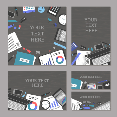 The concept set of banners marketing and management, office tools objects and devices, flat symbol top view, modern design, work space  illustrationのイラスト素材