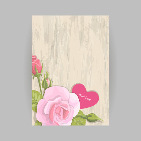 Bouquet of pink roses and heart for vintage vertical greeting card on wooden background. Save the date romantic floral card valentines day, birthday, vector illustrationのイラスト素材