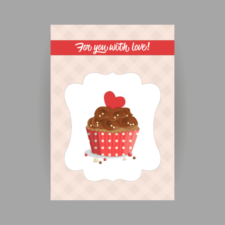 Design element for Valentines Day, wedding or birthday, vintage vertical banner cake in frame on tartan background. Chocolate cake and heart in red wrapper with polka dots, vector illustrationのイラスト素材