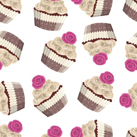 Pattern of delicate pastries. Sweet cake with chocolate cream and rose striped box on white background. Design concept for fabric, textile printing, wrapping paper or webのイラスト素材