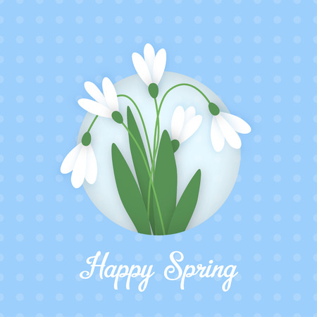 Spring card with colored paper flowers in circle and inscription. Flowers white snowdrops with leaves on blue background with polka dots. Vector illustrationのイラスト素材