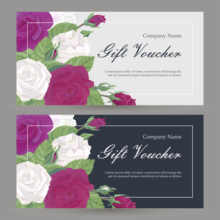 Vector gift voucher floral pattern with flowers. Bordeaux and red roses with leaves and buds. Concept boutique, jewelry, flower shop, beauty salon, spa, fashion, for flyer, banner, business cardのイラスト素材