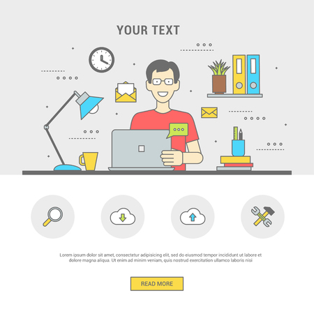 Conceptual banner human in workplace on computer communicates. Man in glasses is sitting at table of device. Line flat design symbols and icons for web, printing. Vector illustrationのイラスト素材