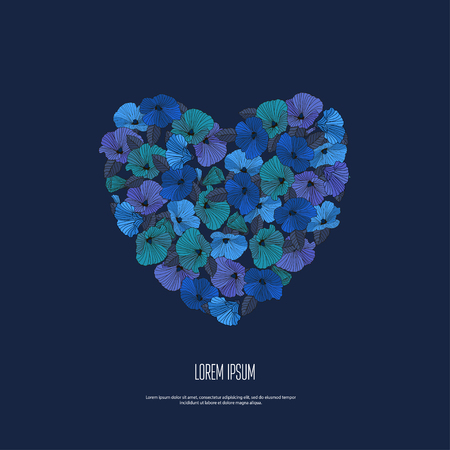 Romantic card, garland of abstract blue flowers with contours on dark background in shape of heart.のイラスト素材