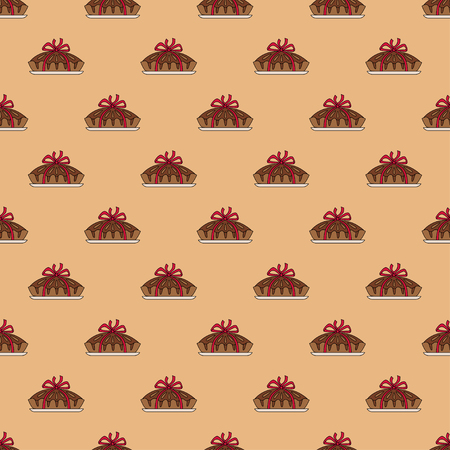 Stylish hand drawing seamless pattern national pie day. Pie with red ribbon in orange background.のイラスト素材