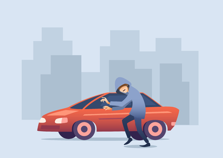 Conceptual horizontal car insurance banner, flat design. Thief in hood sneaks to car to steal against background of silhouettes of houses, vector illustration.のイラスト素材