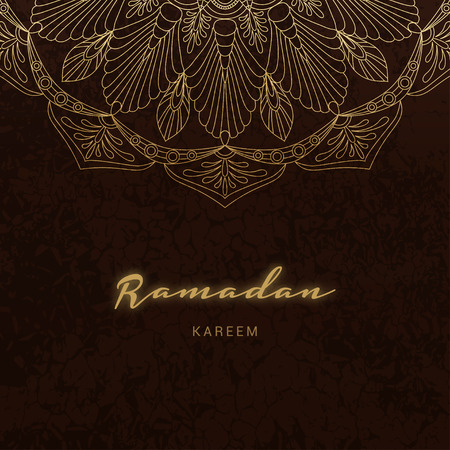 Ramadan Kareem greeting card Islamic holiday. Template round gold ornament on dark background with texture and inscription. For invitation, poster or brochure. Vector illustration.のイラスト素材