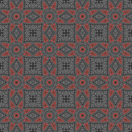 Ethnic vintage abstract seamless geometric pattern. Celtic ornament symmetrical red stars with white line of black background. Printing for fabric, wrapping paper, web site. Vector illustrationのイラスト素材