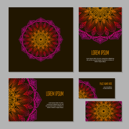 Set ethnic symmetric abstract circle pattern of corporate identity template for flower shop, workshop or salon. Bright on black background, vector banners. Cover brochure, booklet and business cardのイラスト素材