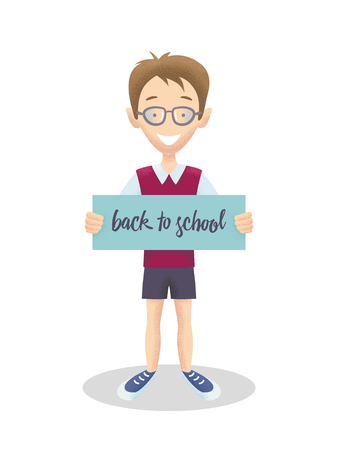 Male character schoolboy with banner. Caucasian smiling boy with briefcase in school uniform wearing glasses holding banner back to school. Vector illustrationのイラスト素材
